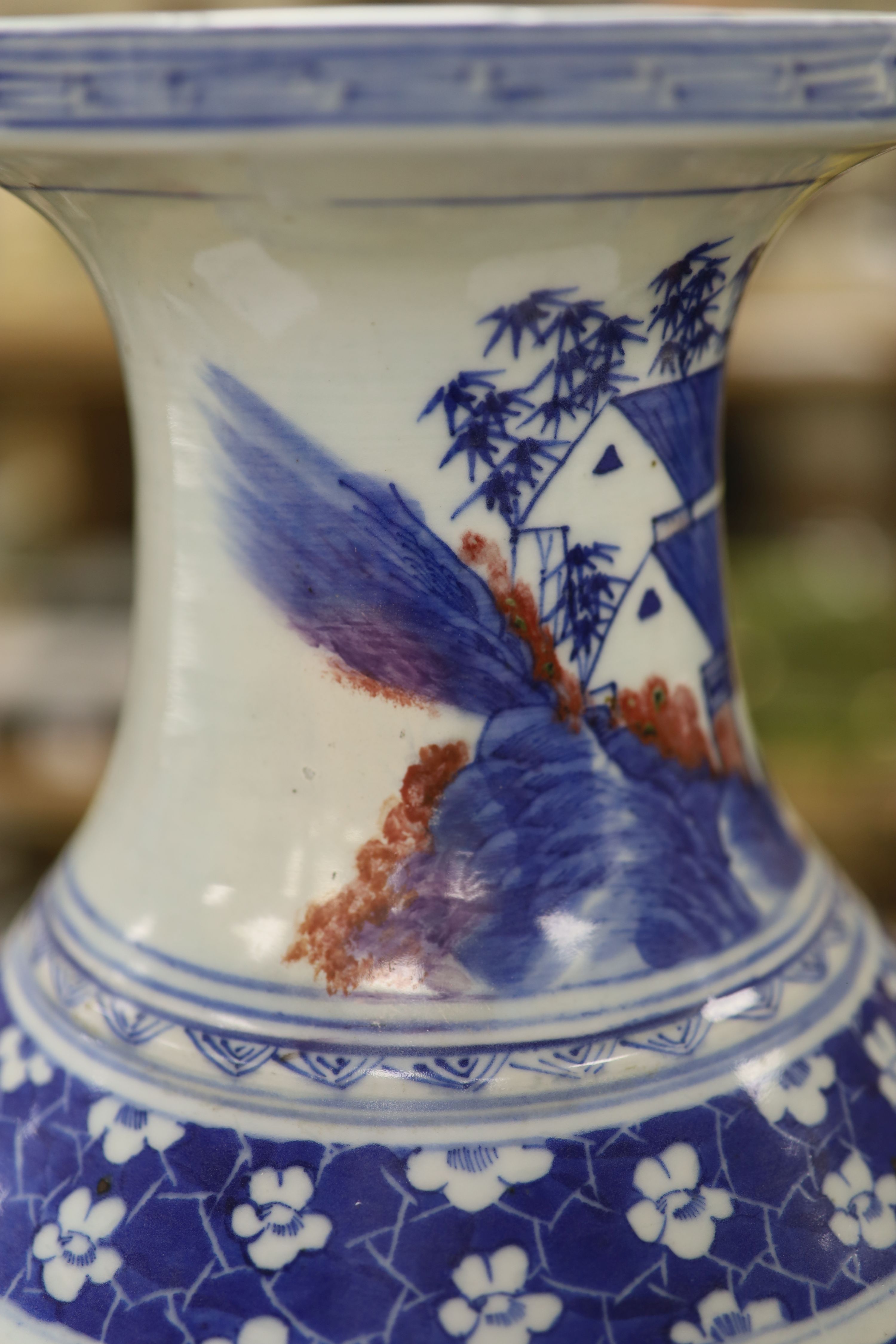 A large Chinese underglaze blue and copper red vase, height 41cm, restored neck